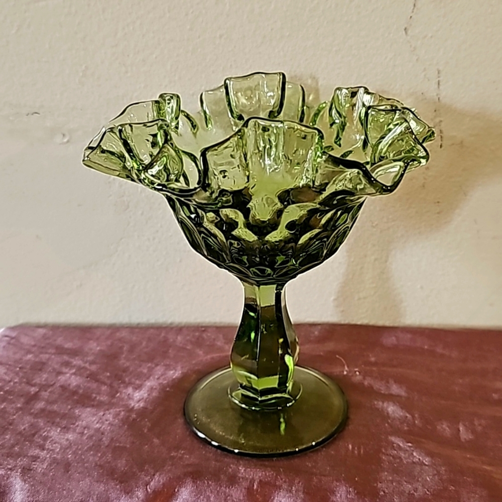 Vintage Fenton Green Ruffle Top Thumb Print Compote Pedestal Bowl.